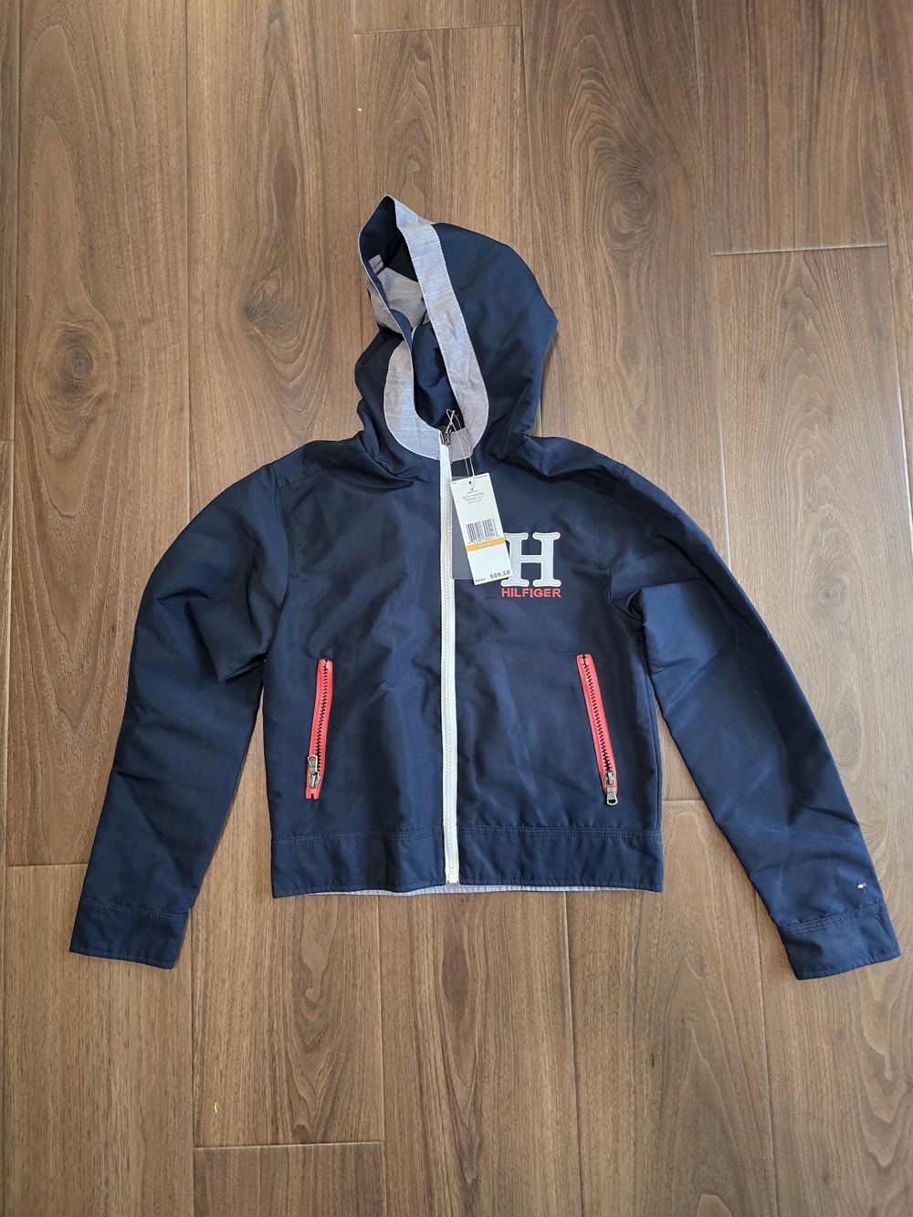 Tommy Hilfiger Navy Hooded Kids Jacket with Red Zip Accents